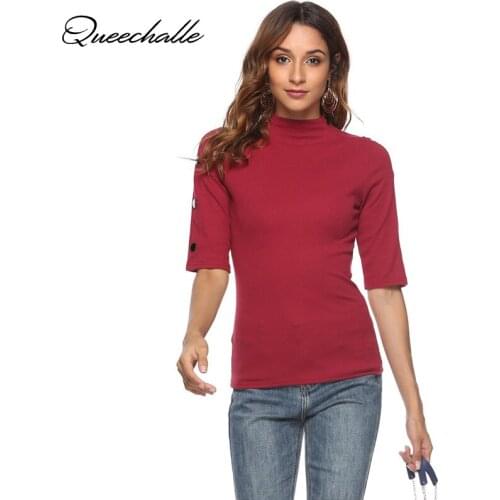 2020 Summer T shirt Women Cotton Elastic Basic T-shirt Red Turtleneck Half Sleeve Slim Tee Shirt Ladies Casual Tops S - XL