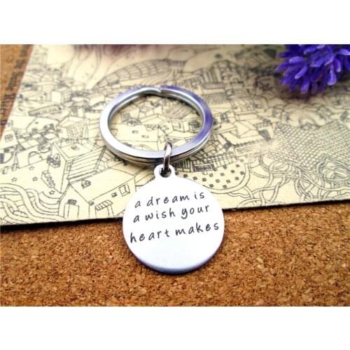 3pcs/lot 28mm stainless steel keyring with 20mm stainless steel circle "a dream is a your heart makes" charms keyring