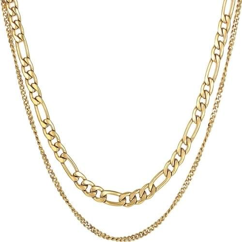 18k Gold Figaro Double Necklace for Women Men Fashion Classic Smooth Punk Stainless Steel Chain Grunge Vintage Collares