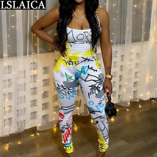 Hot Sale Women Jumpsuit Sleeveless Graffiti Print High Waist Summer Jumpsuit Women Plus Size Back Lace Up Jump Suits for Women