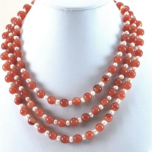 Beautiful 3 Strands Carnelian & Freshwater Pearl magnet Clasp 18"