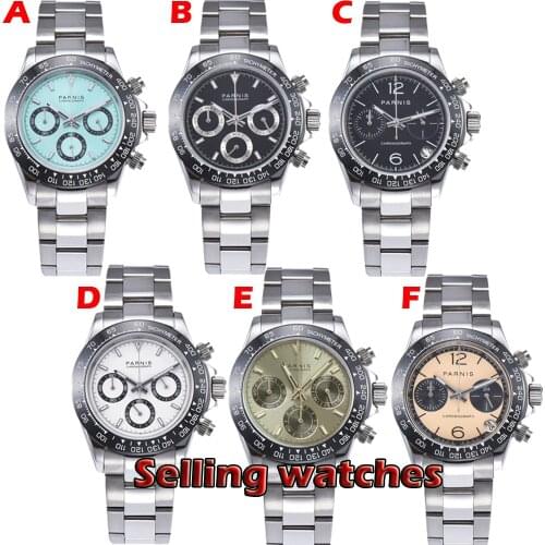 39mm PARNIS white dial sapphire crystal deployment clasps full Chronograph quartz mens watch