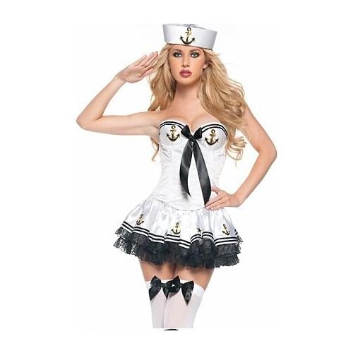 Newest Sexy White Sailor Halloween Costume Sleeveless Wrapped Chest Jogos Uniform Lingerie Ruffles Women Dress BI117