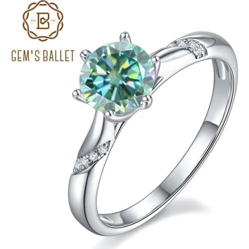 GEMS BALLET 1.0Ct 6.5mm Round Lace Design Moissanite Engagement Ring with Claw Prongs 925 Sterling Silver Green Moissanite Ring