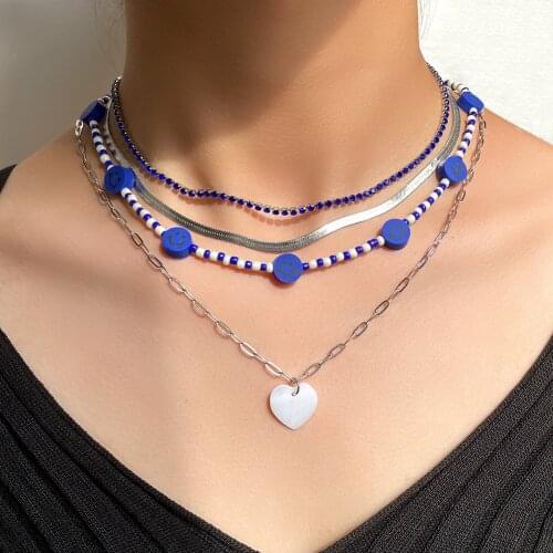 Multilayer Blue Smiley Beaded Crystal Tennis Chain Necklace For Women Heart Shell Silver Color Clavicle Chain Necklaces Jewelry