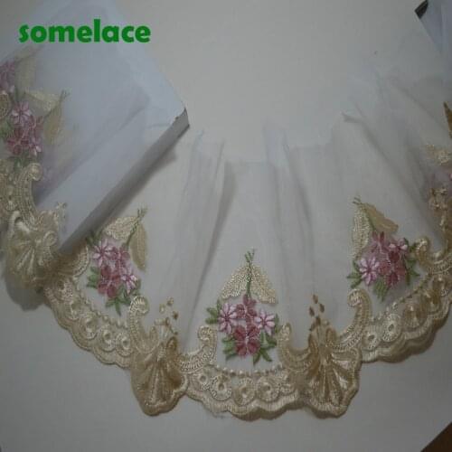 2yds 18cm Transparent gauze light gold edge pink floral Embroidery DIY lace trim for garments and wedding decoration