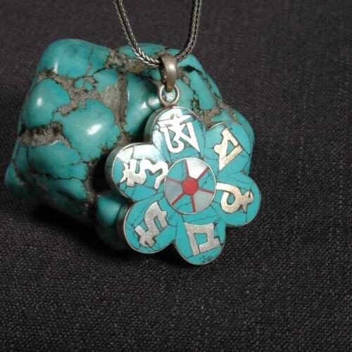Handmade 925 Silver Turquoise Tibetan OM Mantra Pendant Necklace Tibetan Buddhist Klachakra Pendant Necklace Bohemia Jewelry