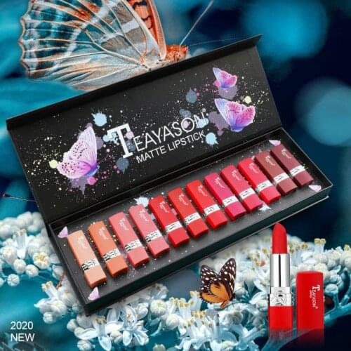 TEAYASON 12pcs/set Velvet Matte Small Red Tube Lipstick Long Lasting Plum Red Lip Stick Waterproof Non-stick Lips Makeup TSLM1