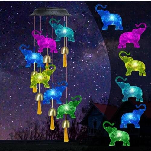 7 Colors Wind Chime Light Solar Elephant Wind Chime Waterproof LED Color Changing Light Outdoor Decor for Garden Patio Courtyard