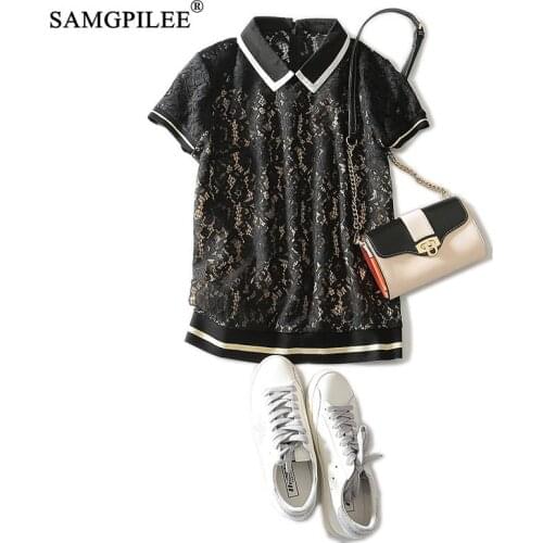 Women T-shirt 2021 Office Lady Lace Oversized Shirts Short Sleeve Solid Tops For Women Turn-down Collar Women Fashion T-shirts