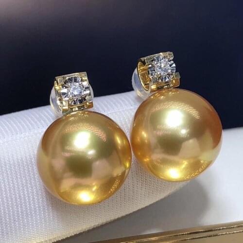 D119 Fine Jewelry 18K Gold Natural South Ocean Sea Golden Pearl 10-11mm Diamonds Stud Earrings for Women Fine Pearl Earrings