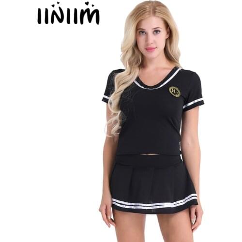 Iiniim Women School Girls Cosplay Sexy Costumes Lingerie Outfit Clubwear Short Sleeve T-shirt Top with Mini Skirt and G-string