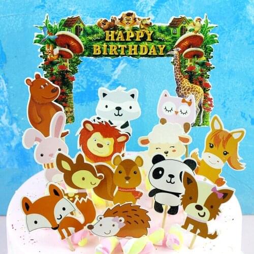 14Pcs Cartoon Wild Animal Cake Topper DIY Decoration For Happy Birthday Party Supplies Kids Favors Forest Animals Cupcake Decor