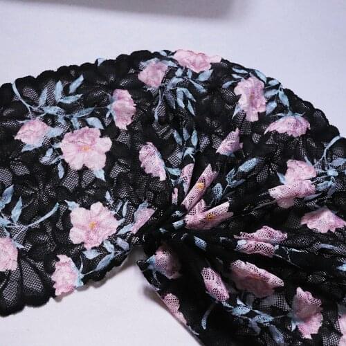 2 Yards 19.5 CM Width Pink Flowers Printed Elastic Lace Trim Black For Clothes Accessories Bra Garter Sewing Stretch Fabrics DIY