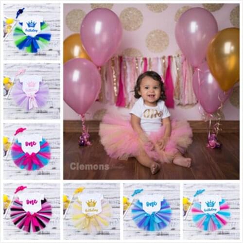 2021 Toddler Girls T-Shirt Skirts Headband 3pcs Set 1st Birthday Tutu Handmade Tulle Skirt Baby White Cotton Queen Clothing Set
