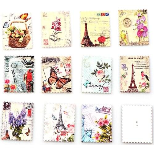 30 tablets / pack of 38mm stamp wavy wooden button postcard Paris Time Childrens handmade diy wooden buckle eyes
