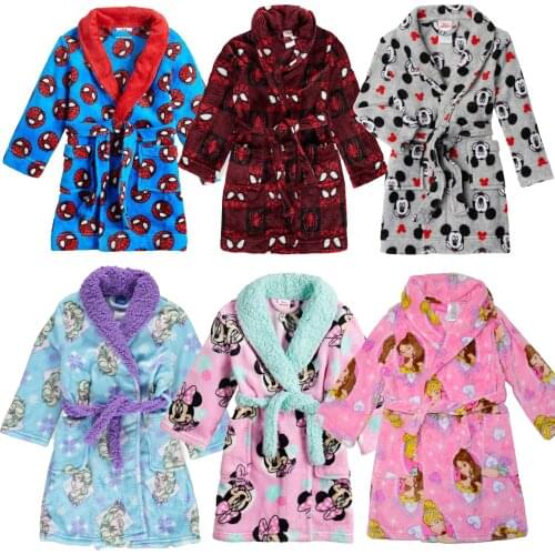 Kids Frozen Girls Boys Fleece Bath Princess Minnie Mouse Anna & Elsa Spiderman Nightgown Night Robe Sleep Gown