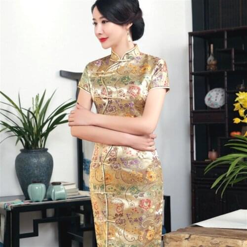 SHENG COCO Golden Brocade Qipao Chinese Dresses New Pattern Summer Satin Qipao Tilt Buckle Long Moderator Clothes Green XXXL
