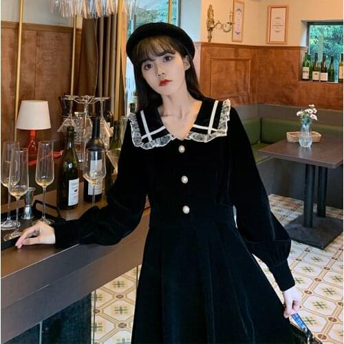 French Retro Christmas New Year Doll Collar Waist-Controlled Lace-up Thickened Elegant Long kawaii clothing sweet lolita dress