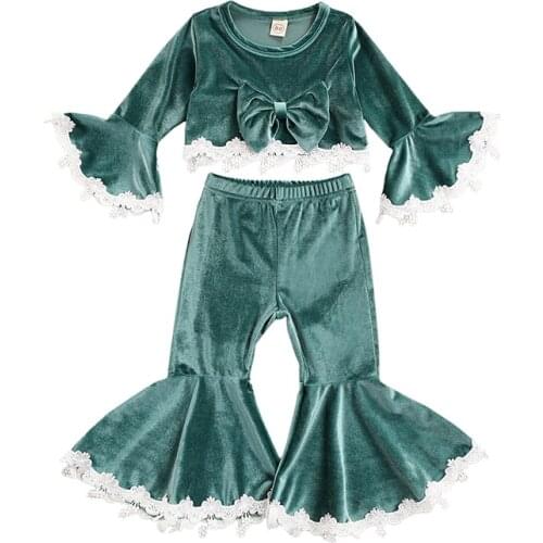 FOCUSNORM 0-4Y Lovely Baby Girls Clothes Sets 2pcs Velvet Lace Floral Ruffles Flare Sleeve Bowknot T Shirts Tops Pants
