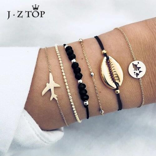 JZTOP Punk Shell Map Airplane Multilayer Set Bracelets Bangles Bohemian Black Beaded Pendant Bracelet For Women Charm Jewelry