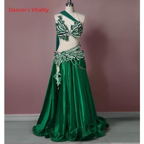 Belly Dance Competition Outfits Customized Slap-up Bra with Ribbon Skirt Rhinestone Belt Set Oriental Indian Dancing Stage Wear