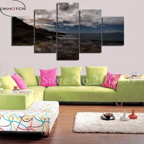OKHOTCN 5 Pieces Seascape Picture Canvas Painting Sea Waves Beach Sunset Landscape Wall Art Room Home Decor Canvas Prints Framed