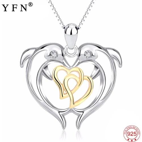 YFN Silver 925 Sterling Silver Necklace DoubleDolphin Heart Lovely Pendant Necklace Gift Women Jewelry 2020 Valentines Day Gift