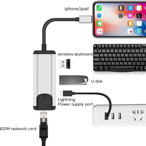 Lightning to RJ45 Ethernet Adapte iPhone to Ethernet RJ45 Wired Network 4 in 1 USB 3.0 Hub OTG Adapter for iPad iPhone