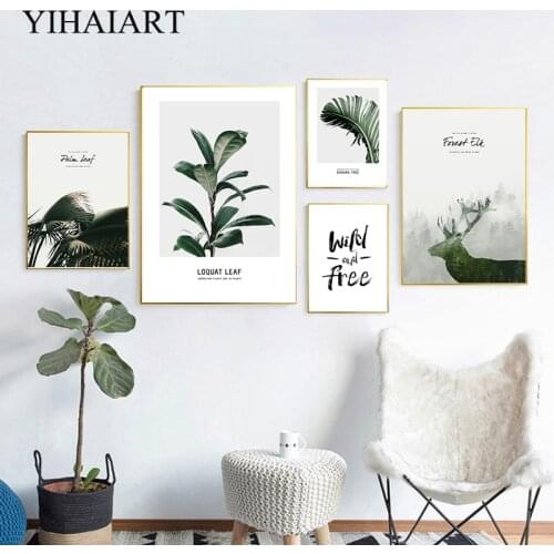 Green Plants Leaves Poster Nordic Nature Forest Landscape Canvas Print Elk Painting Modern Living Room Decoration INS