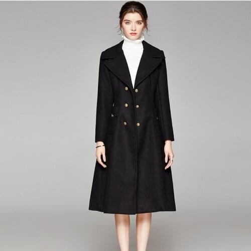 Wool Blend Womens Coat Light Black Vintage Double Breasted Winter Long Coat For Woman Windproof Overcoat Plus Size Clothing