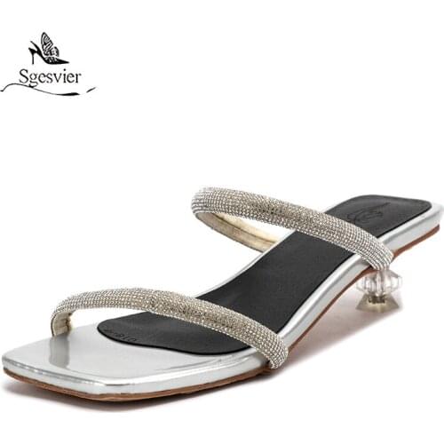 Sgesvier Hot Sale Woman Shoes 2021 Summer New Fashion High Quality Rhinestone Woman Slippers Outside Med Heels Ladies Slides