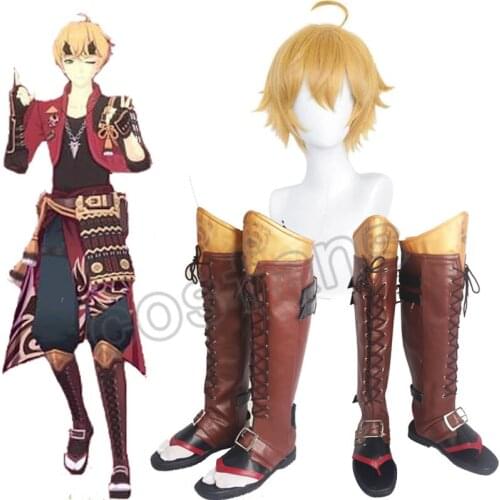 Tohma Cosplay Boots Shoes Genshin Impact Tohma Light Brown Ponytail Hair Peluca Anime Halloween Party Carnival Role Play Wigs