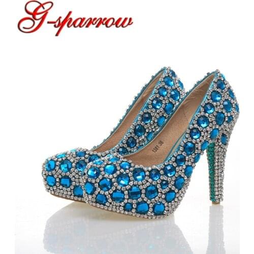 Blue Crystal Cinderella Prom Party Shoes 43 Size for Women Pumps Rhinestone Wedding Party High Heels Zapatos de la boda