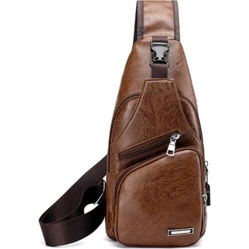 Puimentiua 2021 Vintage Mens USB Charging Bag Sling Chest Bag Pu Leather Shoulder Messenger Bag Travel Bag Cross Male Body Bags