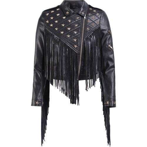 2021 New Women Biker Leather Jacket Tassels Female PU Leather Nail Star Short Fold-down Collar Zipper Fringed Punk Coats DB199