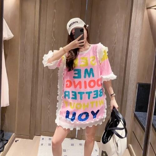 Korea Fashion Personality Color Letter Graffiti Printing Loose Casual All-match Womens T-shirt Sequined Half Sleeve Summer 2021