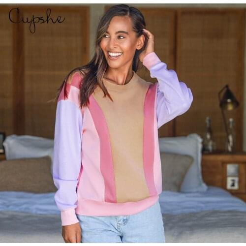 CUPSHE Pink Color Block Long Sleeve Sweatshirt Top For Woman Casual Round neck Long Sleeve Pullovers 2021 Spring Autumn Hoodies