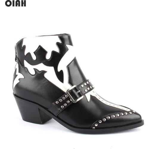 OIAH Women Winter Ankle Boots Black Buckle Rivet Shoes Female Cowboy Botas Autumn Winter Punk Boots PU Leather Motorcycle Boots
