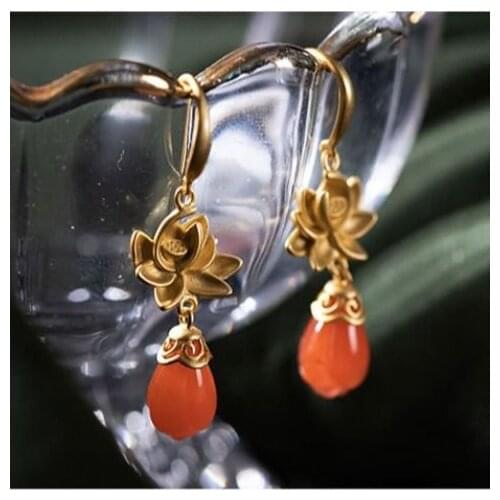 OriginalNewsilver inlay natural southern red agate high-quality golden lotus light luxury niche design magnolia womens earrings