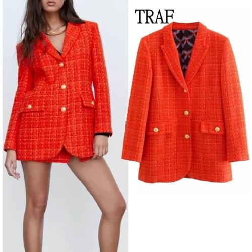 TRAF Za Woman Blazers 2021 Fashion Single-Breasted Texture Blazer Women Slim Long Sleeve Woman Clothes Elegant Female Blazers