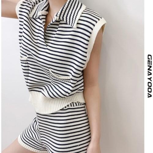 Genayooa Striped Kniited Two Piece Set Women Top And Shorts Casual Sleeveless 2 Piece Outfits For Women Summer Korean Fashion