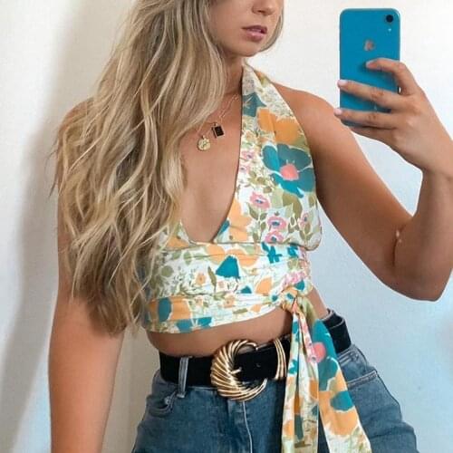 Boho Halter Top Floral Print Backless Bandage Crop Cami Beach Style Deep V-neck Sleeveless Mini Vest Y2K Aesthetic Women Clothes