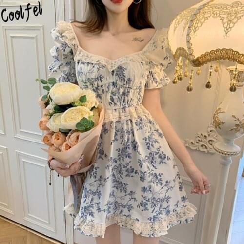 COOLFEL Summer Women Sweet Floral Print Mini Dress Sweet Short Puff Sleeve Ruffles Dresses For Girls Party Casual Outfits