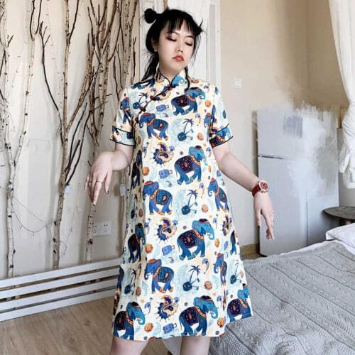 2021 new Chinese-style girl big size cheongsam improved dress show thin loose cover belly short style daily casual skirt travel