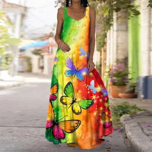 40# Butterfly Print Strap Maxi Dress 2021 Strapless Backless Sleeveless Long Dress Bohemia Floor Length Dress Casual Robe Femme