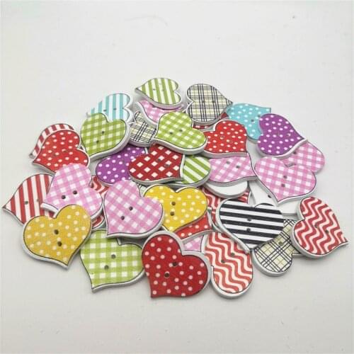 50pcs 25x20mm Dots & Checks Mixed Heart Wood 2 Holes Buttons For Sewing Scrapbooking Decorative DIY Crafts