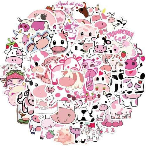 50pcs Cute Pink Cow Cartoon Sticker DIY Graffiti Luggage Compartment Motorcycle Notebook Helmet Waterproof Stickers
