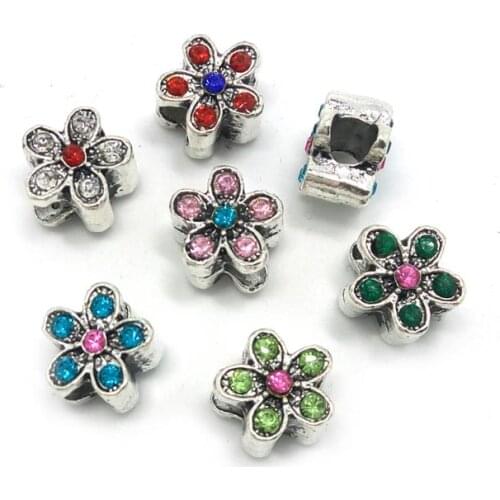 Free Shipping 50pcs mix color rhinestone big hole antique silver plated flower alloy beads fit European bracelet charms DIY