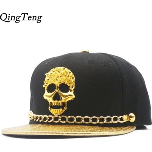 Snapback Caps Punk Hip Hop Cap Golden Skull Rivet Logo PU Leather Visor Baseball Cap Adjustable Hats For Men Women Gorras Planas
